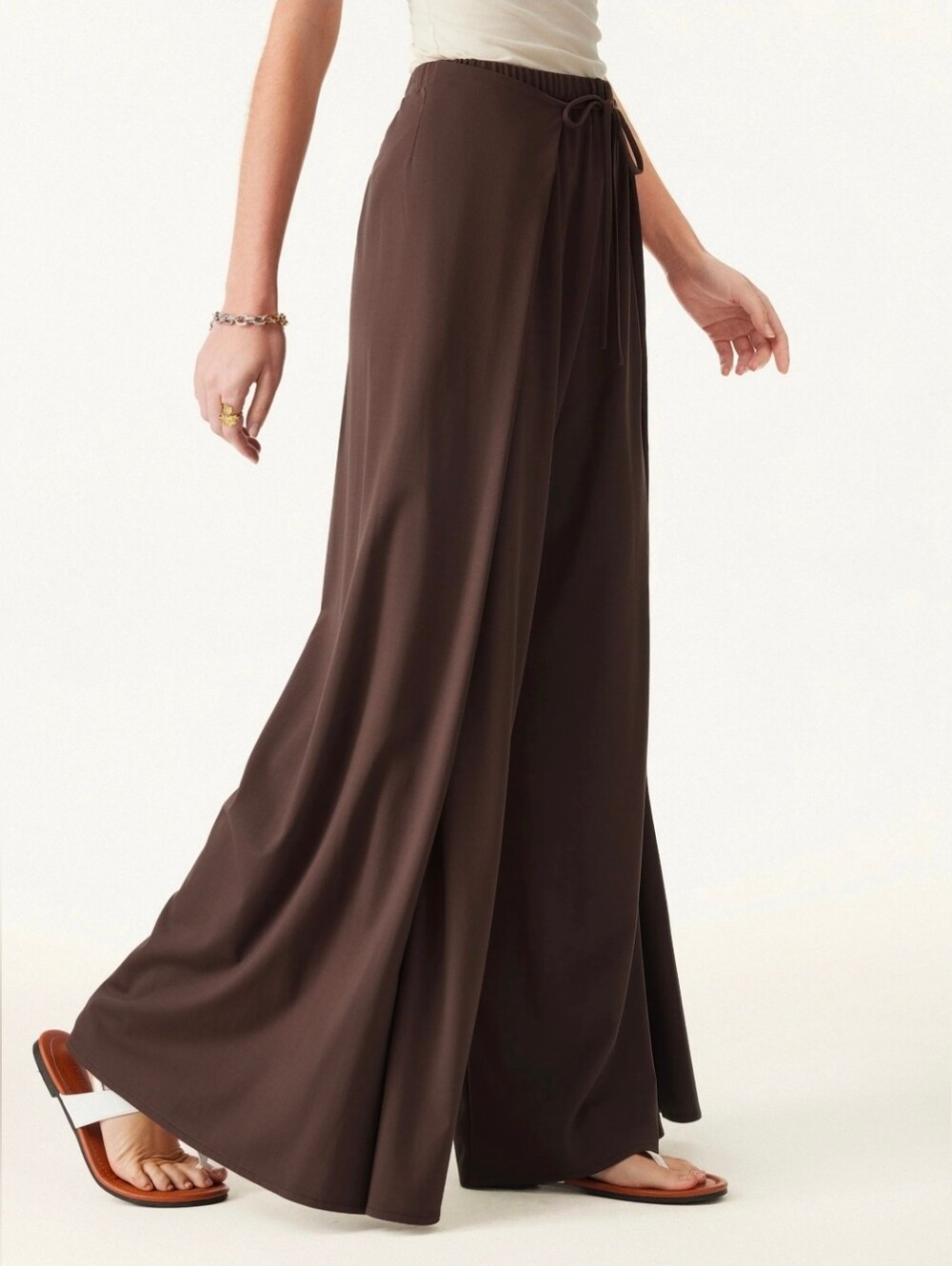 OGL Bamboo Ponte Wrap-tie Palazzo Pants with Pockets Wide Leg Walnut sz M